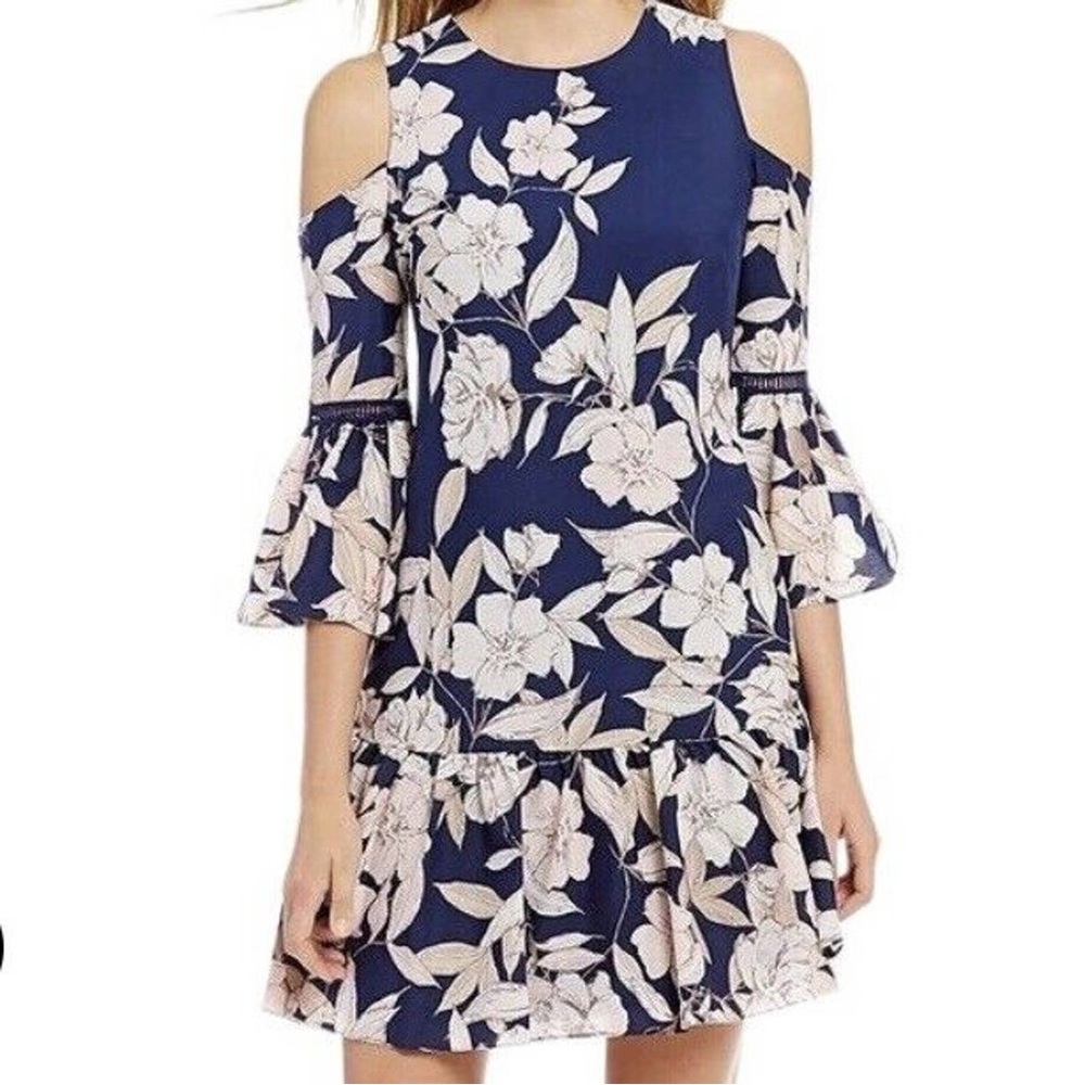 NWT Eliza J Navy Floral Cold Shoulder Dress w/ Bell Sleeves Sz 6
